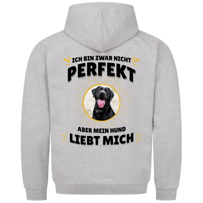 Ich bin zwar nicht perfekt - Personalisierbarer Unisex Hoodie Rückendruck