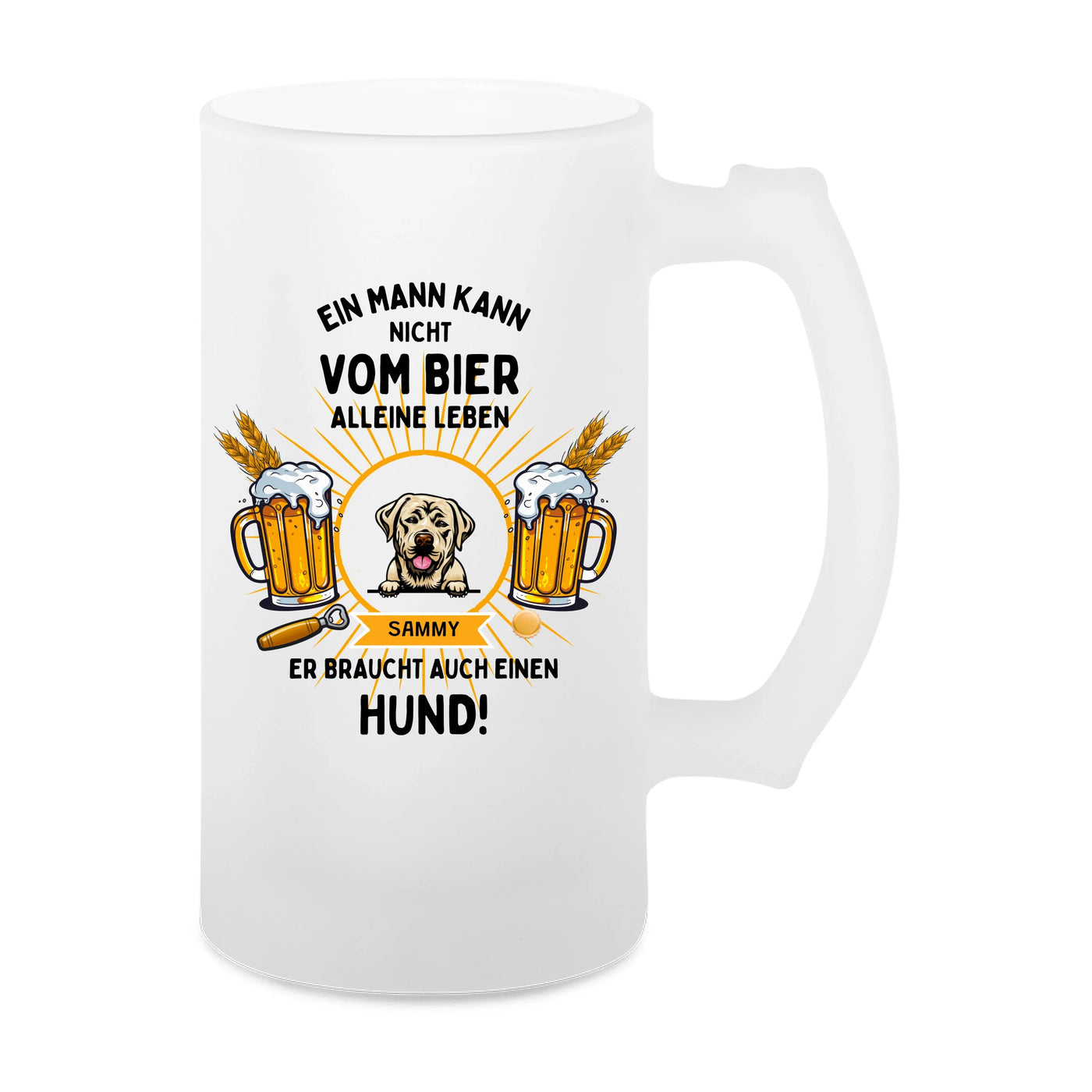 Bier und Hund – Personalisierter Bierkrug aus satiniertem Glas